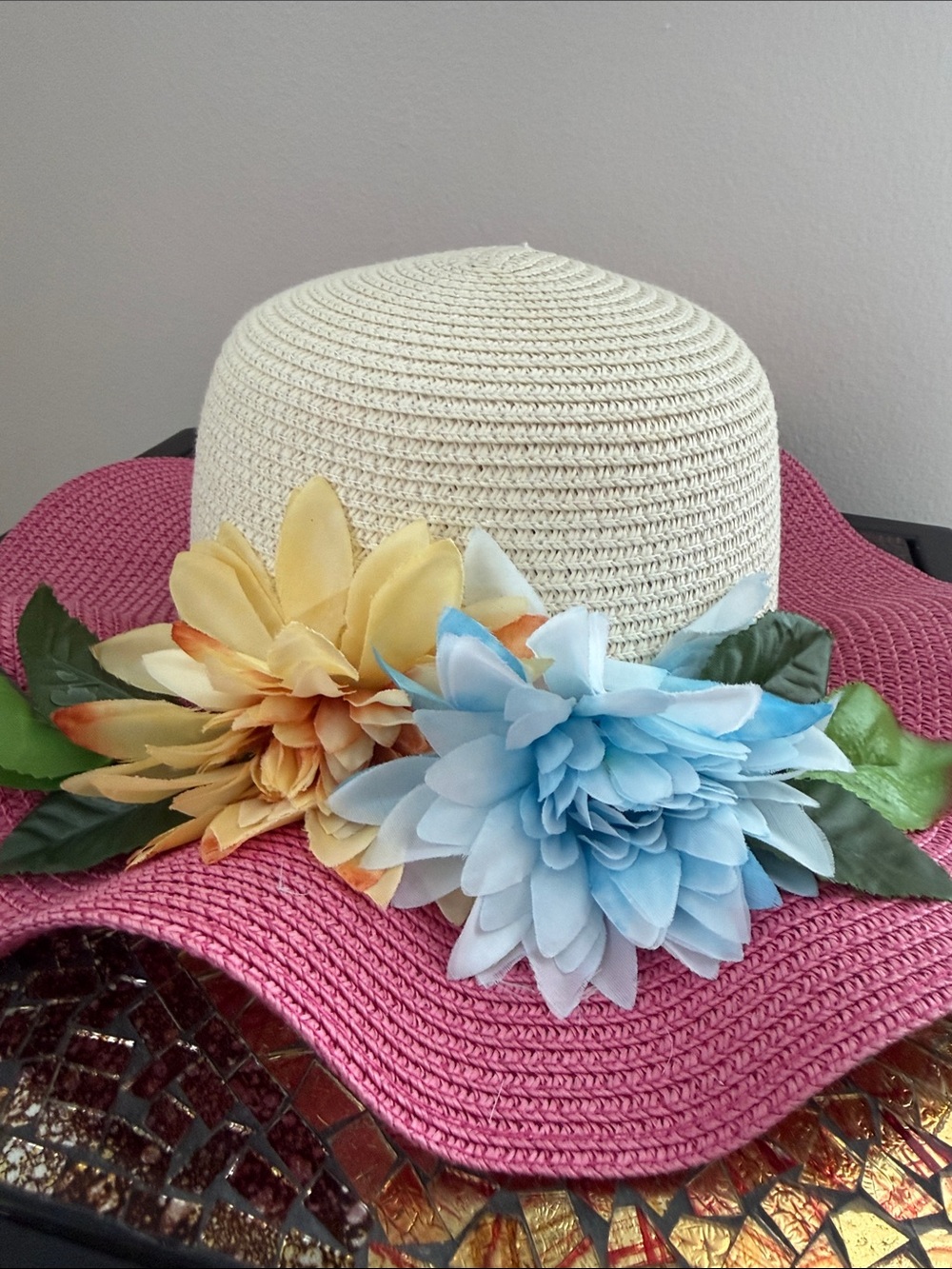 Ladies Floral Straw Sun Hat - Pink with Blue & Yellow Flowers